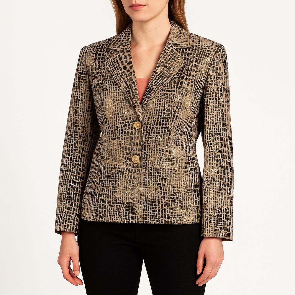 LAUREN TAYLOR Metallic Gold Black Animal Print Blazer Women’s 4